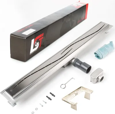Produktbild von Duschrinne Stromlinie Wellen 800x70mm Ablaufrinne mit Edelstahl Siphon Haarsieb