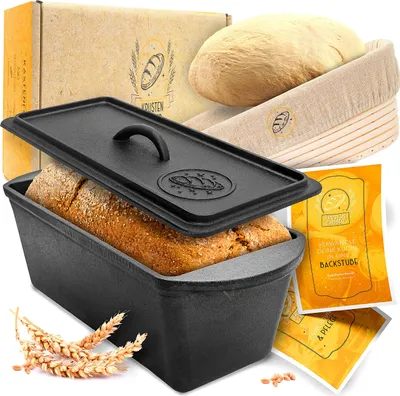 Produktbild von KRUSTENZAUBER Brotbackform mit Deckel inkl. Gärkorb - Robuste 28cm Backform aus Gusseisen - Ideal als Kastenform, Toastbrot Backform, Brotform, Gusseisen Topf Brot backen Zubehör, Brottopf