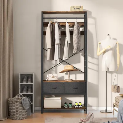 Produktbild von Garderobenständer mit Schuhbank, 8 Kleiderhaken, 2 Stoffschubladen, Kleiderständer, 80x32x180 cm, Braun