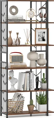 A multi-shelf bookcase filled with decorative items.