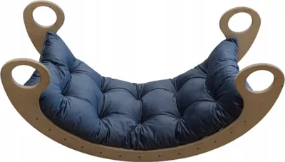 A wooden rocking chair with a blue cushion, shown from a front-facing angle against a white background.