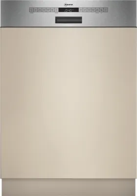 A front view of a dishwasher with a brushed steel control panel and a beige door.