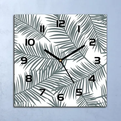 Produktbild von Wanduhr Echt-Glas-Küchenuhr Graue Palmblätter Quarz Lautlos 30x30 Deko Bilder