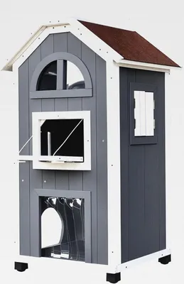 Produktbild von Katzenhaus für Draußen 2-stöckiges Katzenhaus aus Tannenholz, wetterfest Katzenhütte mit Asphaltdach, Grau, 59 x 55 x 109 cm