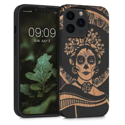 Produktbild von kwmobile Hülle kompatibel mit Apple iPhone 13 Pro Hülle - Holz Case - Handy Cover - TPU Handyhülle in Hellbraun Schwarz La Catrina