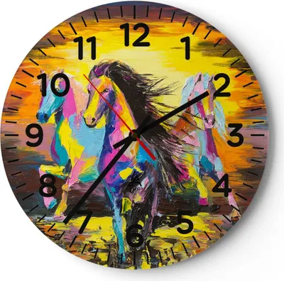 Produktbild von Wanduhr - Rund - Glasuhr - Pferd Natur Tier - 30x30cm - Schleichendes Uhrwerk - Lautlos - zum Aufhängen bereit - Dekoration Modern - Wanddekoration aus Glas - C4AR30x30-3433