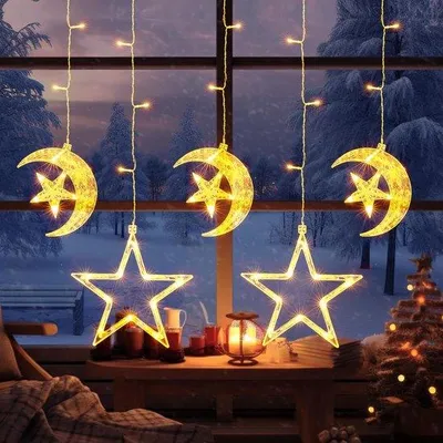 Productafbeelding van Sterren Gordijn Verlichting 69 LED's Warm Wit - Raamdecoratie met 8 Modi & Timer - Sfeervolle Kerstverlichting Binnen en Buiten