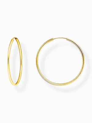 Two gold hoop earrings are displayed against a white background.