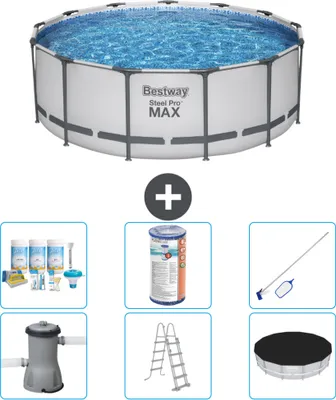 Produktbild von Bestway Round Steel Pro MAX Schwimmbad – 396 x 122 cm – Grau – inklusive Pumpe – Leiter – Abdeckung Wartungspaket - Filter - Reinigungskit