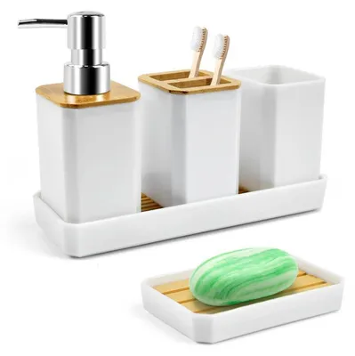 Productafbeelding van Badkameraccessoireset, 5-delig, wit, bamboe, met zeepdispenser, tandenborstelhouders, spoelbeker, zeepbakje en make-up tray