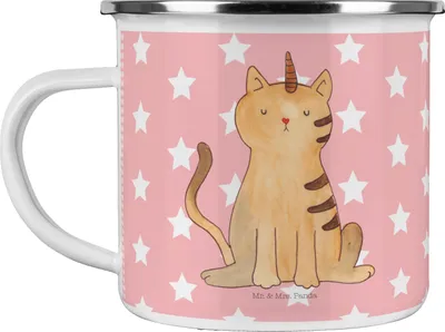Produktbild von Mr. & Mrs. Panda Camping Emaille Tasse Einhorn Katze - Rot Pastell - Geschenk, Unicorn, Outdoor Becher, Pott, Haferl, Mieze, Glitzer, Regenbogen, Teetasse