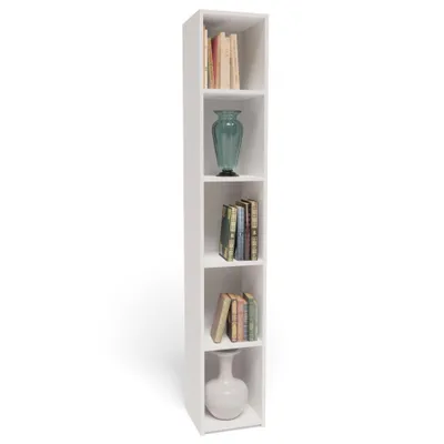 A tall, narrow white bookshelf with several shelves, holding books and decorative vases.