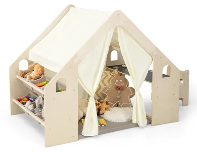 Productafbeelding van FANTASK 6-in-1 speelhuis van hout met kinderstoel en -tafel, kinderrek, kinderspeelgoed