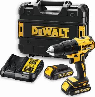 A DeWalt cordless drill kit with a case, charger, and two batteries.