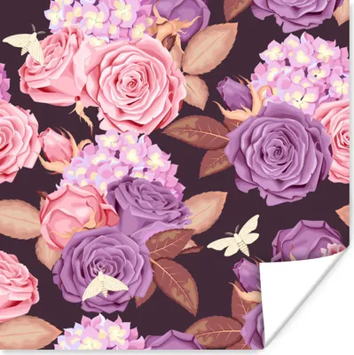 Produktbild von MuchoWow® Poster Blumen - Schmetterlinge - Rosa - Lila 100x100 cm - Babyzimmer