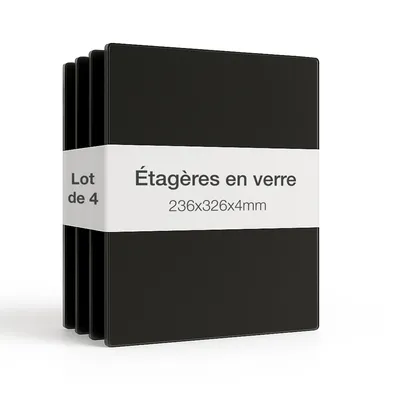 Image de K-Möbel Lot de 4 étagères en verre 326 x 236 x 4 mm en noir, avec supports de 5 mm et capuchons - Fabriqué en Allemagne - pour vitrines à 1 porte