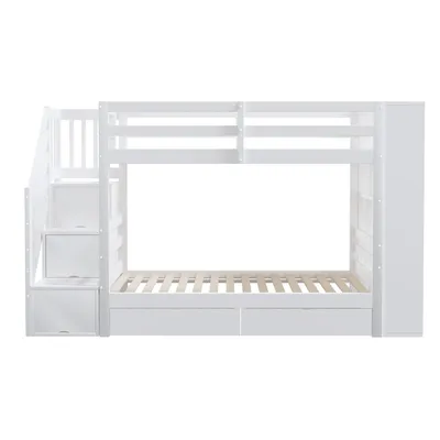 Produktbild von Flieks Etagenbett 90x200cm mit Regal, Hochbett mit 2 Schubladen, Kinderbett mit Rausfallschutz und Lattenrost, Stockbett Einzelbett Holzbett, Weiß