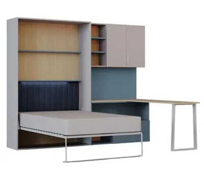 Produktbild von Schrankkbett LUMI Multifunktionales Wandbett mit Arbeitsbereich, Schreibtisch (Cashmiere + Blau)