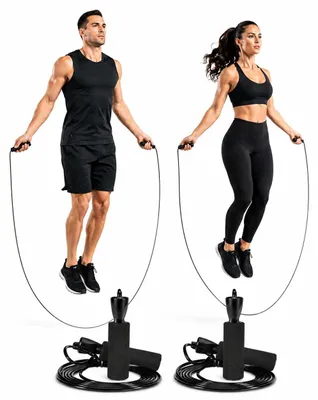 Zdjęcie produktu dla Zestaw 2 sztuk - Skakanka sprężynowa, 280 cm. Skakanka do ćwiczeń dla dorosłych – szybka skakanka do treningu cardio, wytrzymałości, boksu, crossfitu, spalania tłuszczu, treningu ogólnego, do użytku w domu. Kolor: czarny