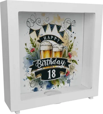 Produktbild von Happy Birthday 18 Bierkrug Rahmen Spardose aus Holz