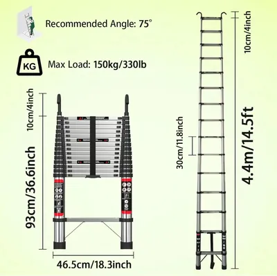 Immagine prodotto di Scala telescopica - Scala pieghevole - 4,4 m, 2 ganci, acciaio inossidabile, portata 150 kg, EN 131, larghezza 46 cm