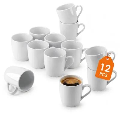 Produktbild von Kaffeebecher bauchig mit Henkel 230 ml aus Porzellan in weiß - 12er Set - Kaffeegeschirr Becher Set für Büro, Gastronomie und Zuhause