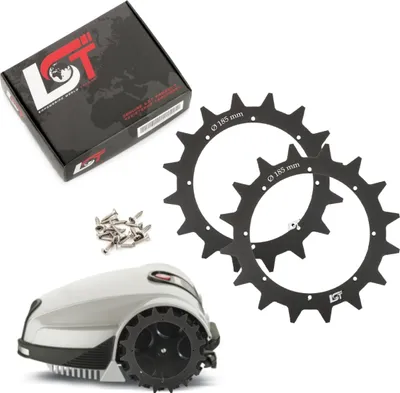 A collection of items for a robotic lawnmower, including a box, two traction enhancement discs, screws, and the lawnmower itself.