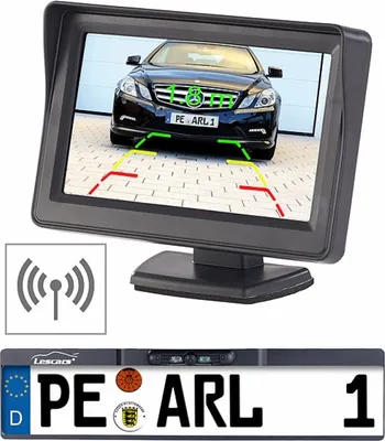 Produktbild von Lescars Funk-Rückfahrkamera 10,9-cm-TFT-Monitor Rückfahrhilfe im Nummernschild