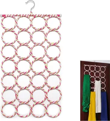 A scarf hanger with multiple loops is shown against a white background, with a smaller inset image showing the hanger in use on a door.