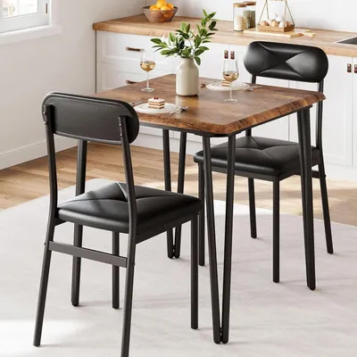 Image de Ensemble de salle à manger pour 2 personnes : table de cuisine avec chaises rembourrées, structure métallique, idéal pour les petits espaces, à monter soi-même, style rétro
