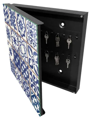 Produktbild von Schwarzer Metall-Schlüsselkasten, 30 x 30 cm – Schlüsselkasten zur Wandmontage mit Tür – Schlüsselkasten mit nach links öffnender Tür – praktischer Aufbewahrungsort für Schlüssel zu Hause – Retro-Mosaik, KI-generiertes Bild