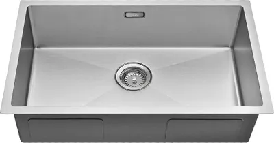 A stainless steel kitchen sink is shown from a front-facing, slightly elevated angle against a white background.
