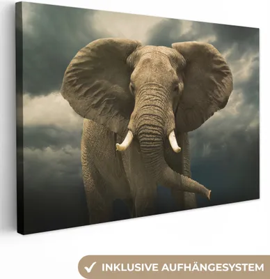 Produktbild von MuchoWow® - Leinwandbilder - Afrikanischer Elefant gegen die dunklen Wolken, Wandbild, Wanddeko Bilder Wohnzimmer, 120x80 cm