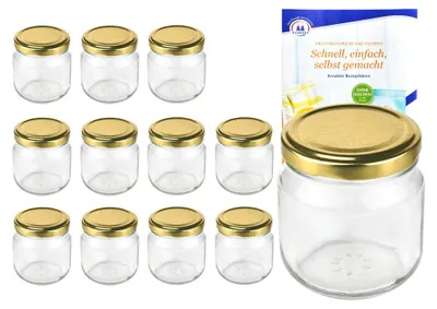 Produktbild von 12er Set Rundglas 212 ml nieder To 66 goldener Deckel Einkochgläser Gläser incl. Rezeptheft