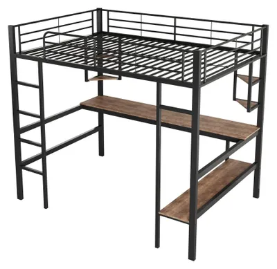 Obrázek produktu pro Postel na vyvýšený rám - kovová postel 90 x 200 cm - integrovaný psací stůl - 4 úložné prostory - úsporná konstrukce - černá barva