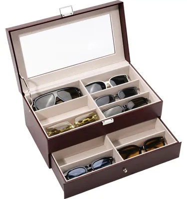 Image de Étui à lunettes à deux compartiments, rangement pour 12 paires de lunettes de soleil, coffret de présentation, boîte de rangement, étui à lunettes en cuir avec cache-lentilles