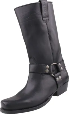 A black leather boot is shown against a white background.