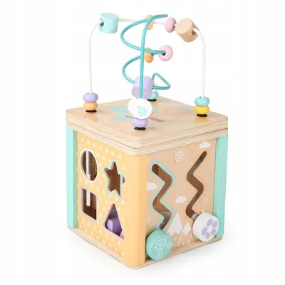 A wooden sensory educational cube toy with various interactive elements.