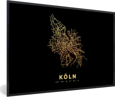 Produktbild von MuchoWow® Gerahmtes Poster Köln - Karte - Gold - Stadtplan 90x60 cm - Poster mit Schwarzem Bilderrahmen Wandposter Rahmen Foto Bilder - Fotorahmen - Foto-Plakat