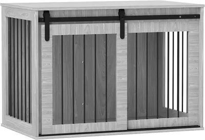 Productafbeelding van Hondenkooi 98 cm. Hondenverblijf voor binnenshuis met afsluitbare schuifdeuren. Moderne metalen hondenkooi voor grote honden. Hondenhuis 98 x 58 x 61 cm, grijs