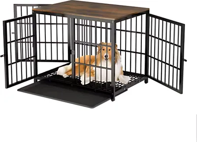 Immagine prodotto di Cuccia per cani Vaylen - Casse per cani pesanti - Per animali domestici - Gabbia per cani in metallo con aspetto di mobili in legno - Panca per cani - Nero - 107 cm