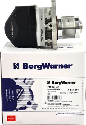 A new BorgWarner AGR-Ventil (EGR valve) is shown in its original packaging, with the product itself prominently displayed.