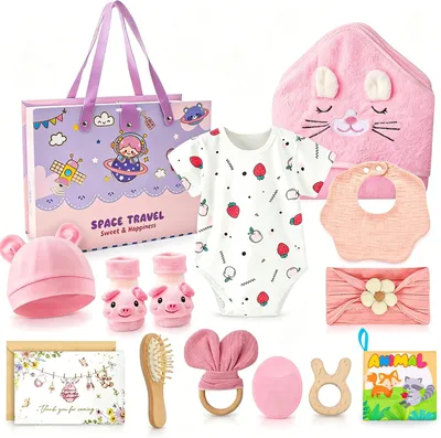 Produktbild von Babygeschenkset 13-teilig, rosa, für Geburt, weiche Stoffe und Accessoires