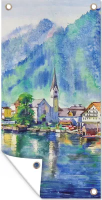 Produktbild von MuchoWow® 80x160 cm Outdoor-Poster Gartendeko Sichtschutz Garten Poster für den Garten  Gemälde - Ölfarbe - Haus - Berge - Wasser