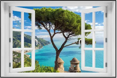 Produktbild von Wallario Wandbild mit Fenster-Illusion: Italienische Küste, Größe: 61 x 91,5 cm, Poster mit schwarzem Aluminiumrahmen