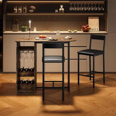Produktbild von Platzsparendes Bartisch-Set aus 3 Teilen für 2 Personen – moderner Esstisch mit gepolsterten Stühlen, Weinregal mit 3 Stufen und Glashalter für Küche, Esszimmer und Home-Bar