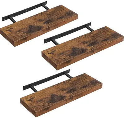 Three wooden shelves with black metal brackets are displayed against a white background.