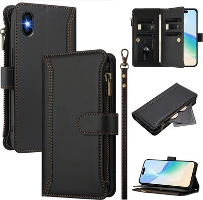 Obrázek produktu pro Pouzdro pro iPhone X/XS, zipem, peněženkovéPolyuretankožené flip pouzdro s kapsami na karty, stojánkem a poutkem na ruku černý