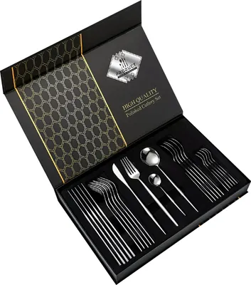 A set of cutlery in a black presentation box.