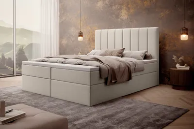 Produktbild von MyBed Allen Boxspringbett Doppelbett Polsterbett mit Kopfteil und Bettkasten 180x200 Bonnell-Matratze H3 und Topper Beige Inari